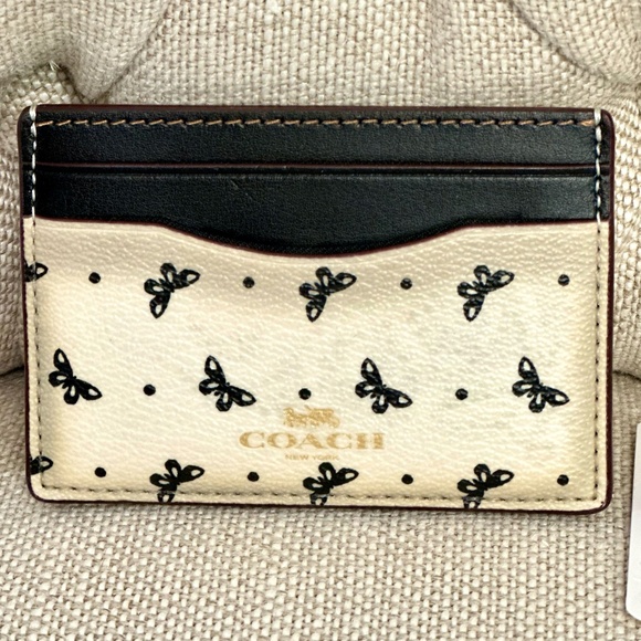 Coach Leather Card Case F59787 Butterfly Dot Black Chalk Pre-Own with Defect - Picture 1 of 8